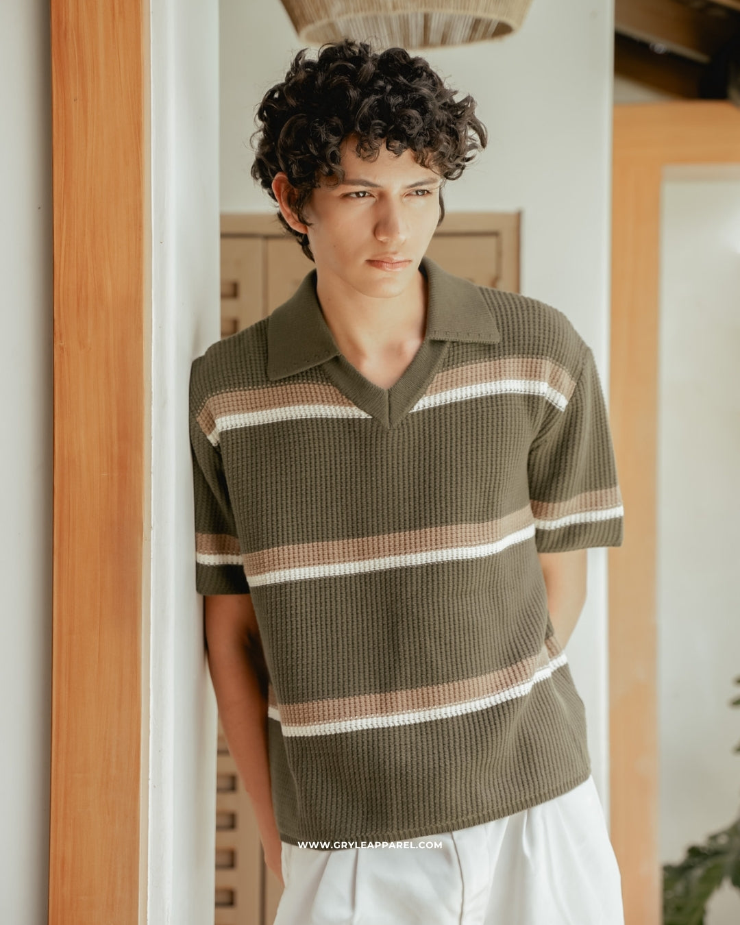 Knit Striped Polo Shirt - Bancha Green