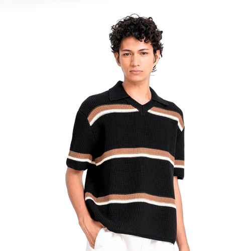 Crochet Knit Striped Polo Shirt