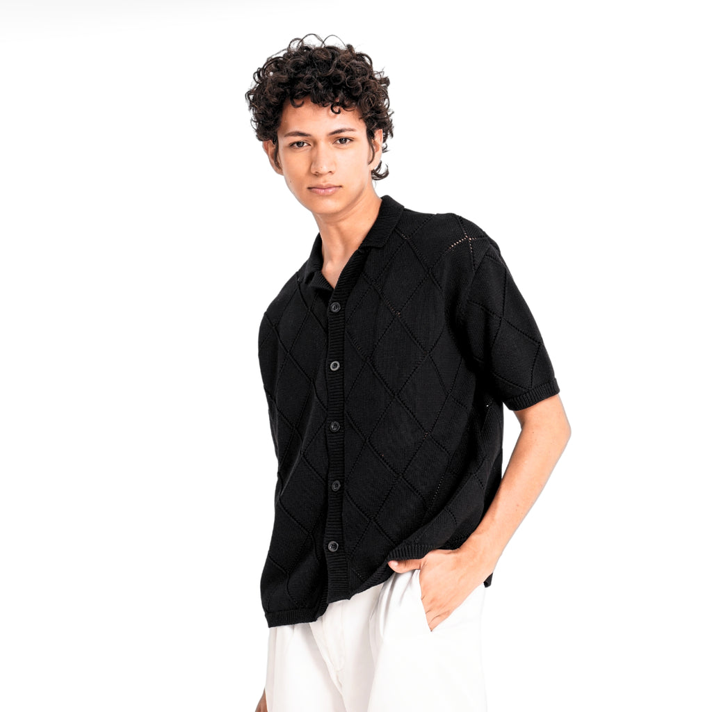 Diamond Knit Plain Polo - Black