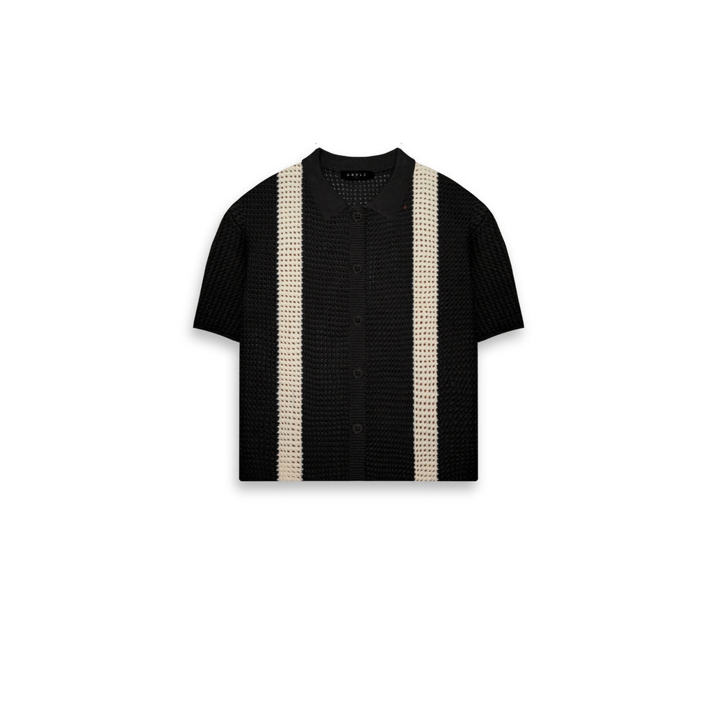 Knit Button Down Polo - Black-Cream