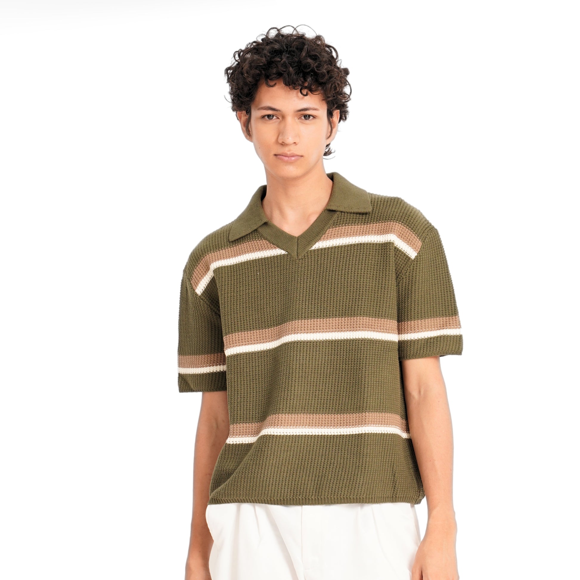 Knit Striped Polo Shirt - Bancha Green