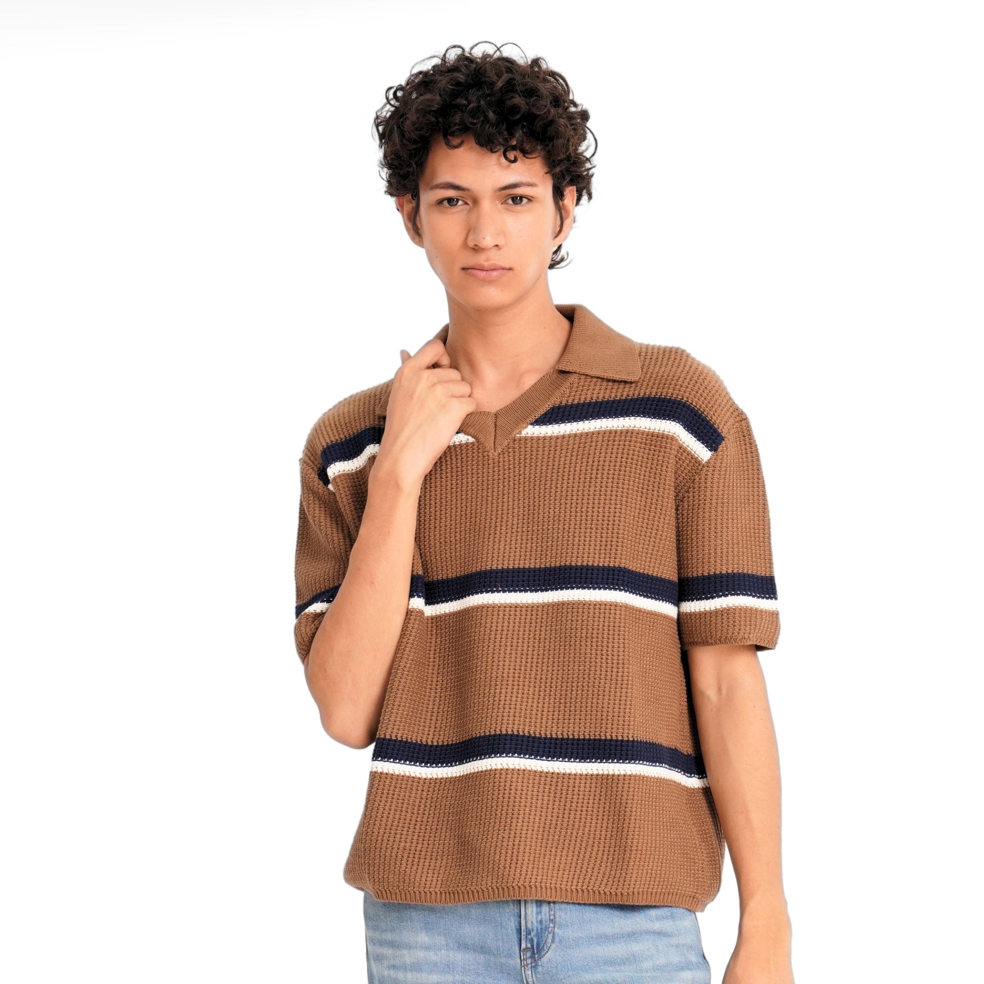Knit Striped Polo Shirt - Russet Brown
