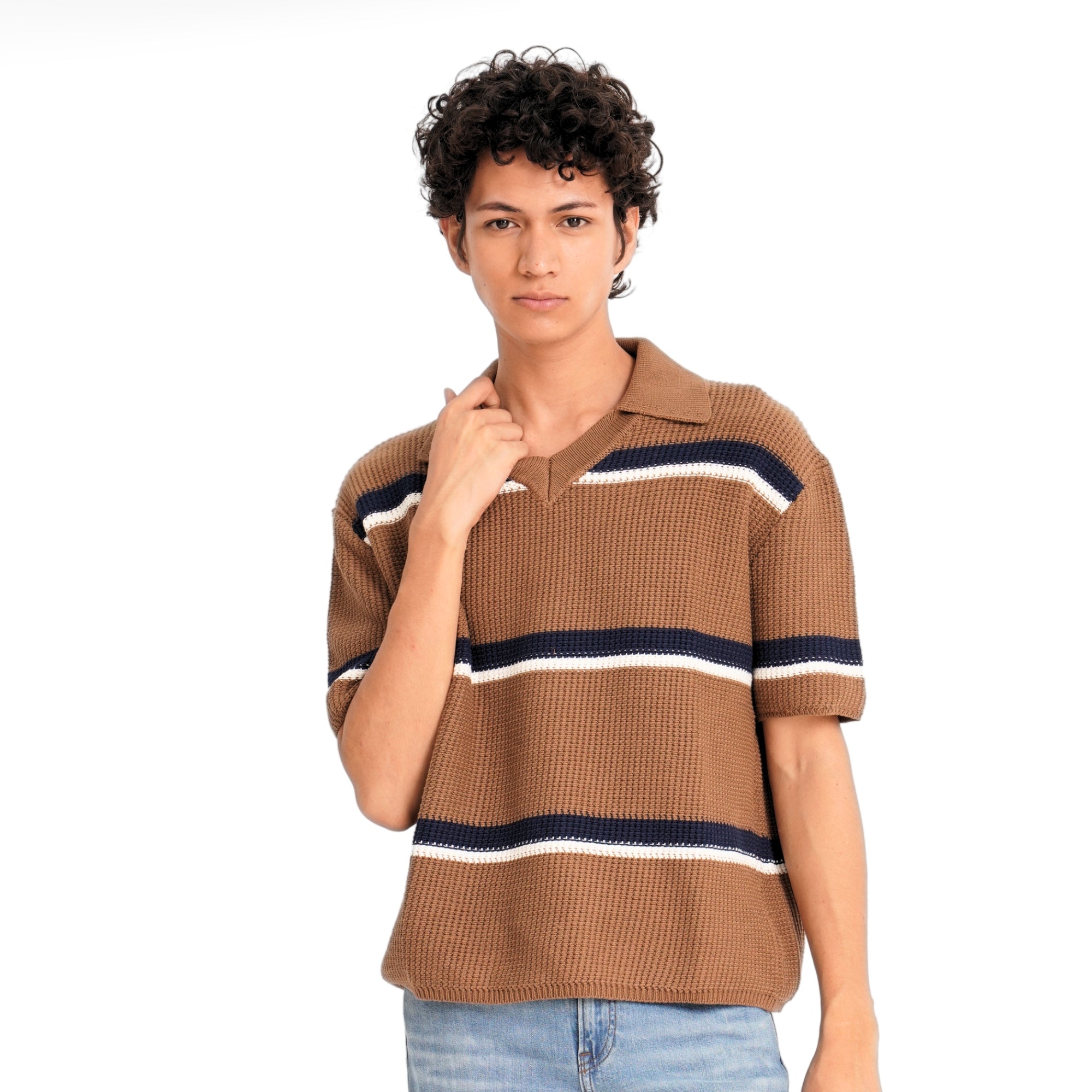 Áo thun Polo kẻ sọc đan - Nâu đỏ 