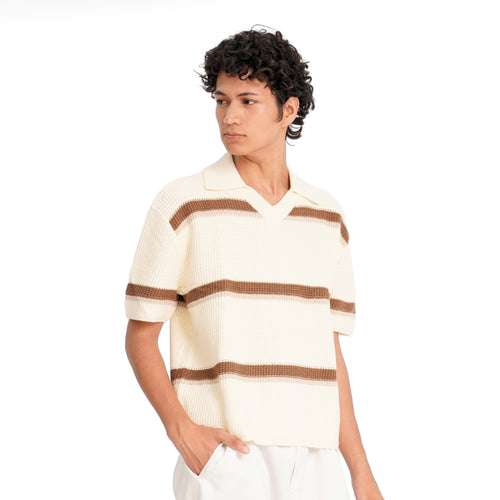 Crochet Knit Striped Polo Shirt