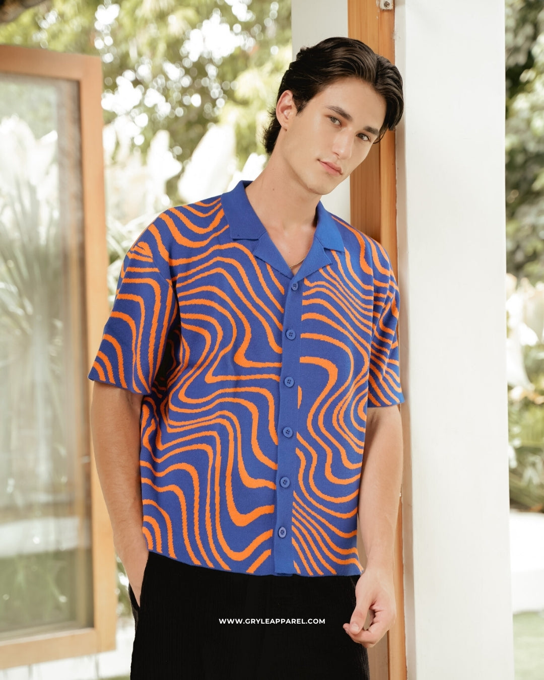 Jacquard Knit Wave Shirt - Blueberry Orange