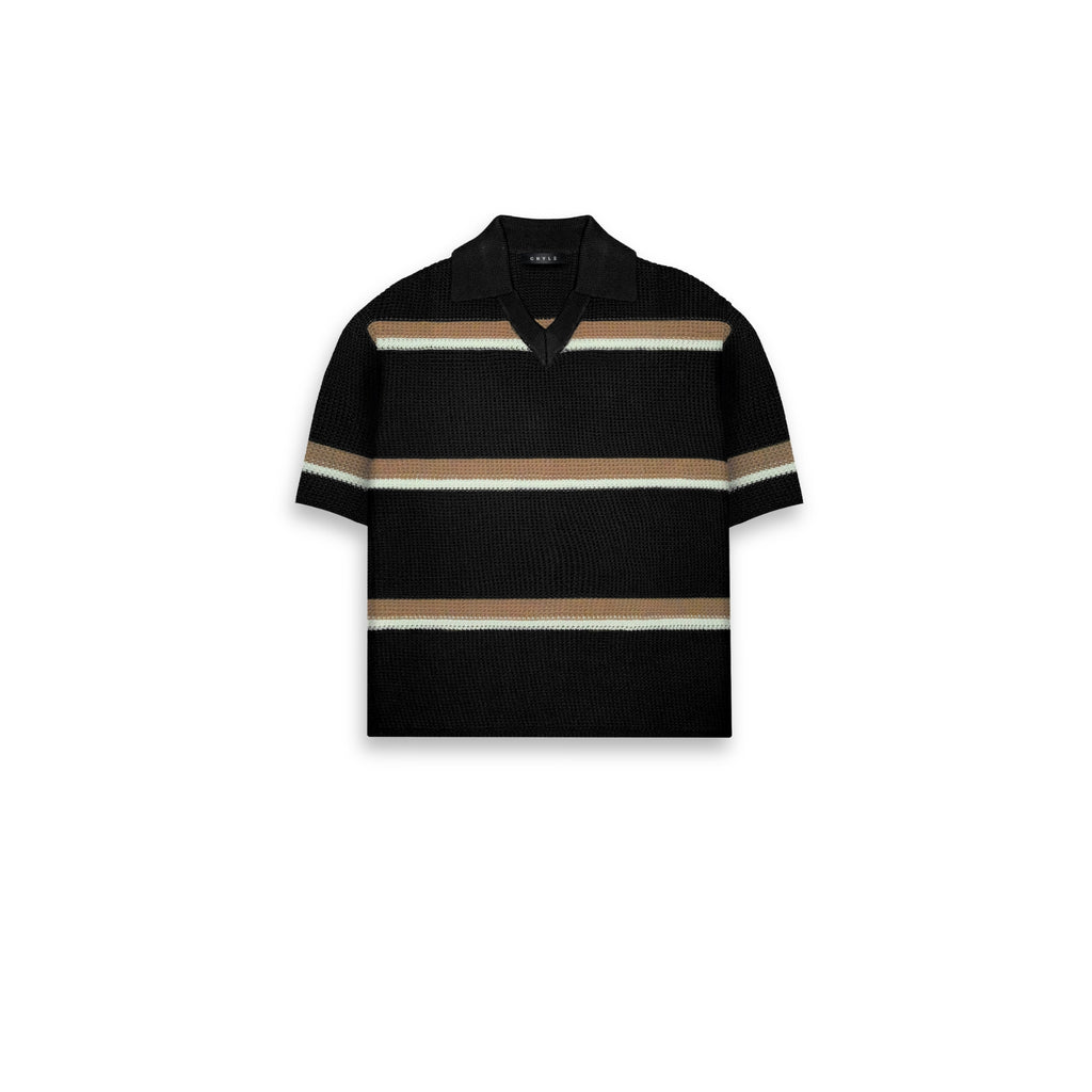 Knit Striped Polo Shirt - Ebony Black