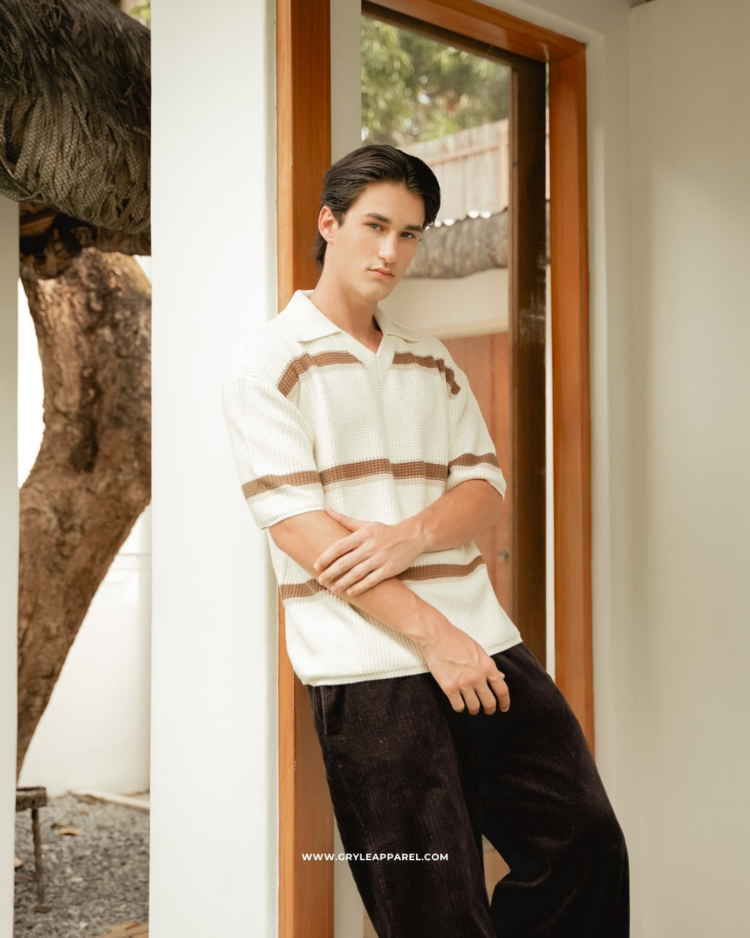 Knit Striped Polo Shirt - Chiffon Cream
