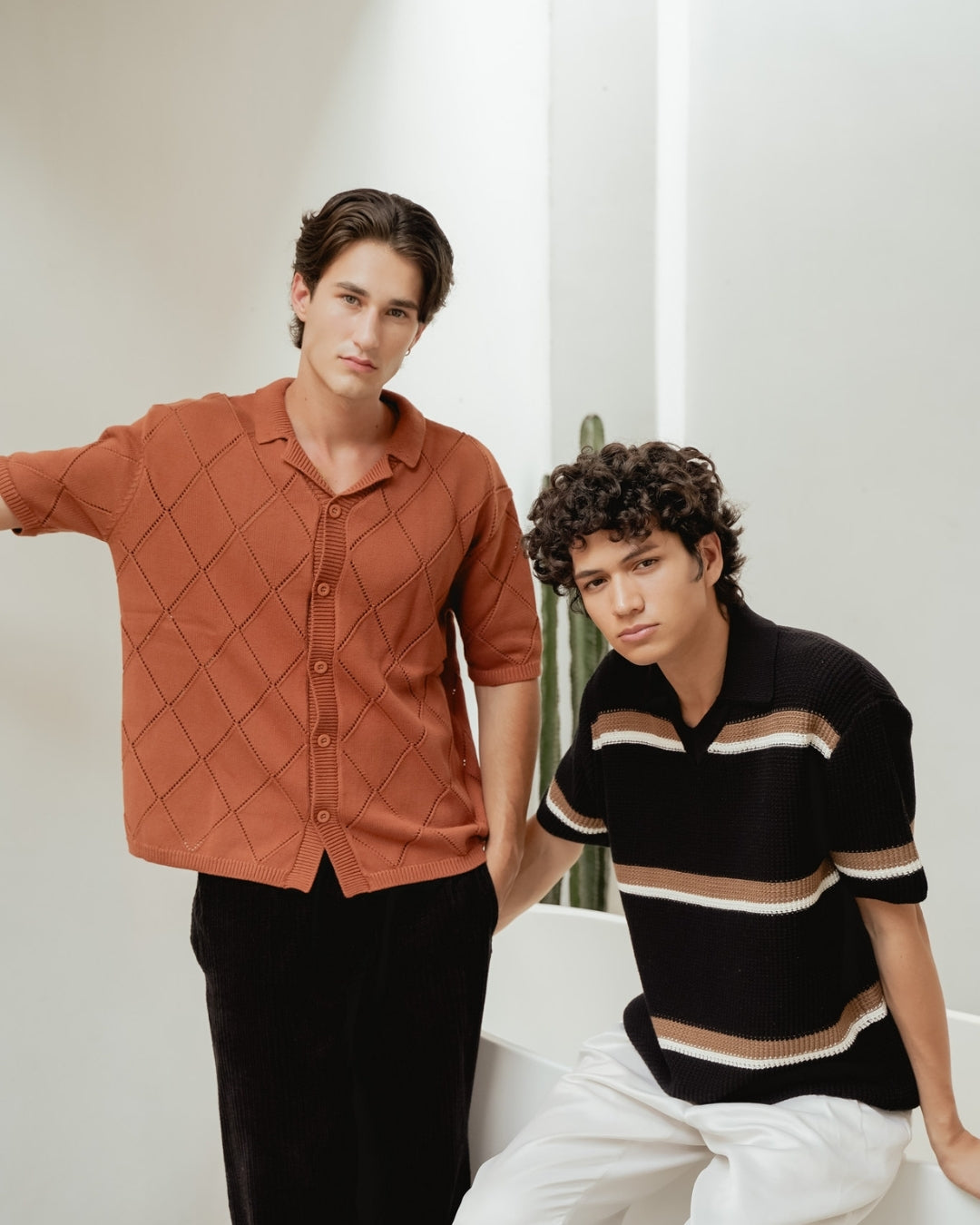 Knit Striped Polo Shirt - Ebony Black
