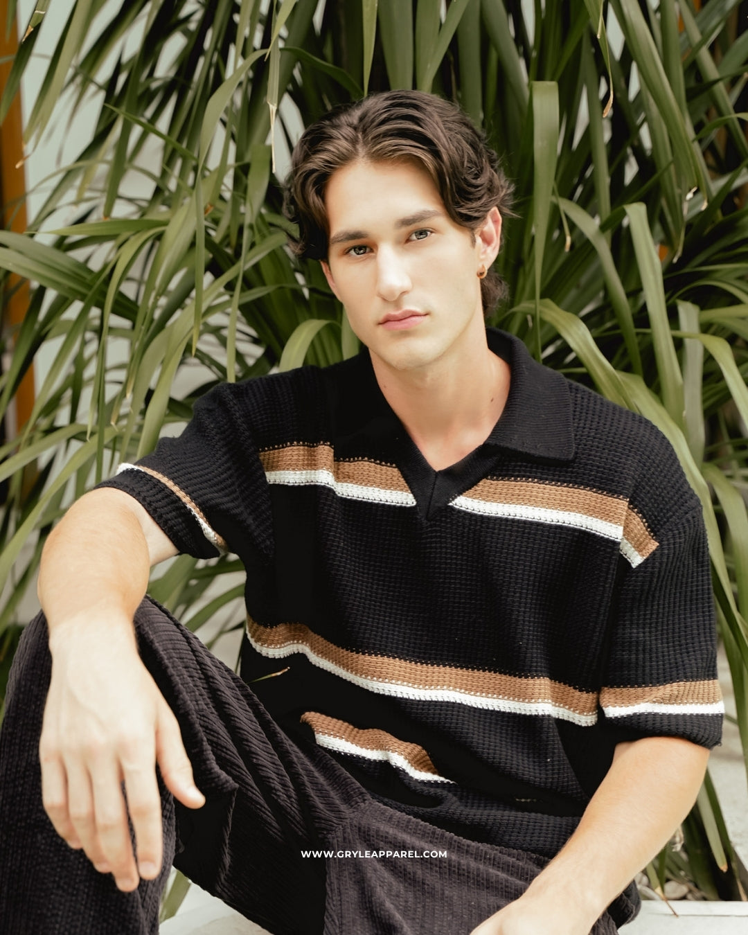 Knit Striped Polo Shirt - Ebony Black