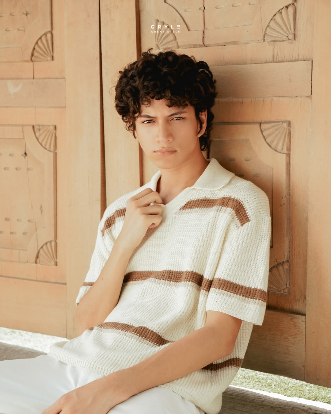 Knit Striped Polo Shirt - Chiffon Cream