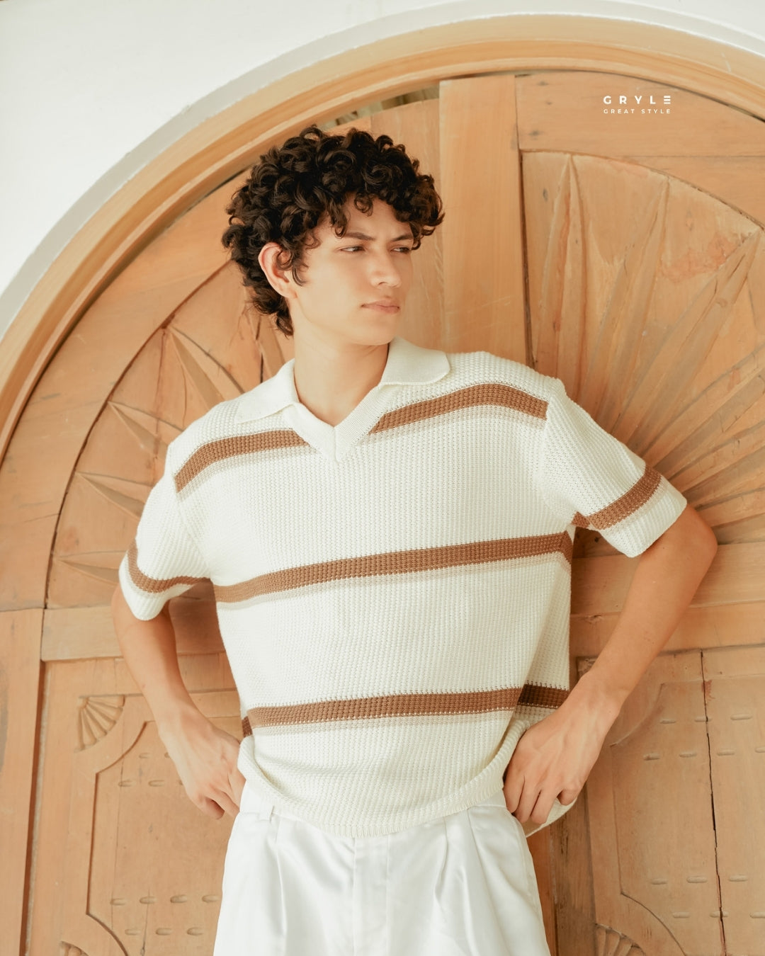 Knit Striped Polo Shirt - Chiffon Cream