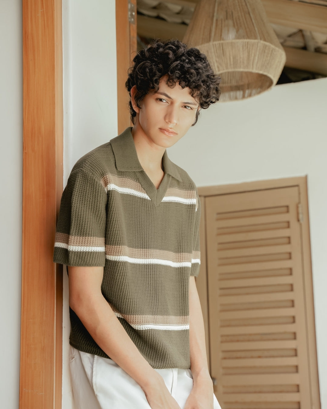 Knit Striped Polo Shirt - Bancha Green