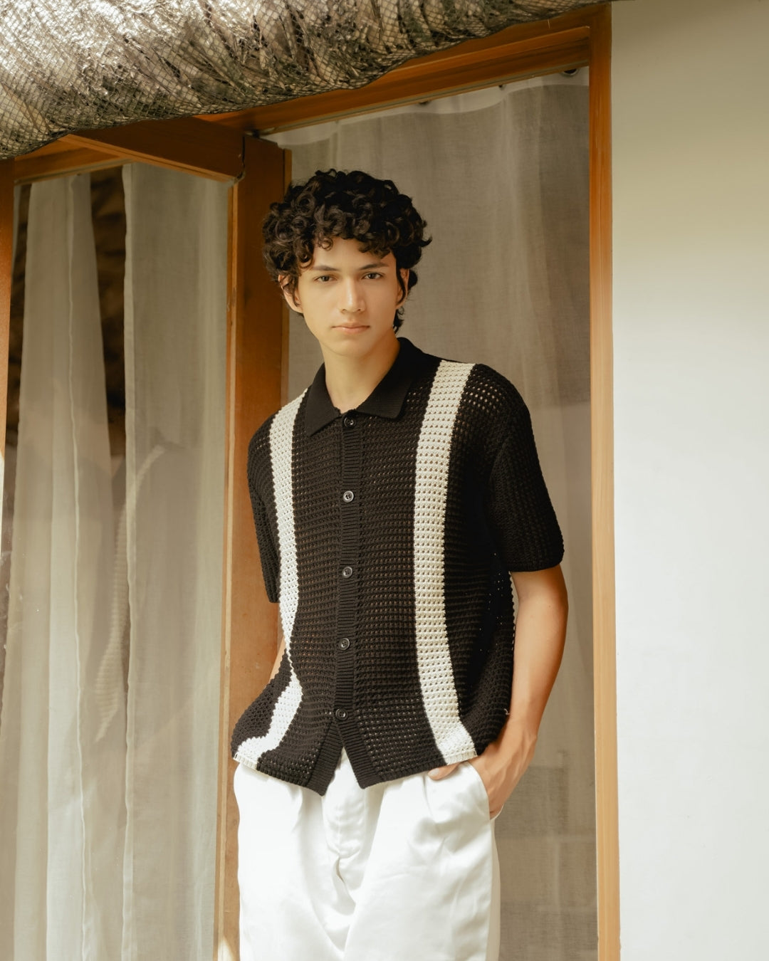 Knit Button Down Polo - Black-Cream