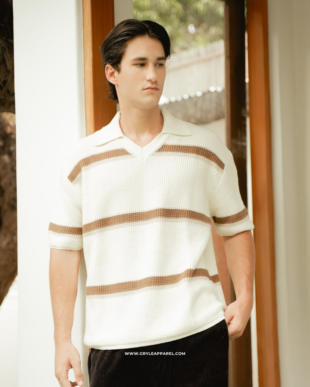 Knit Striped Polo Shirt - Chiffon Cream