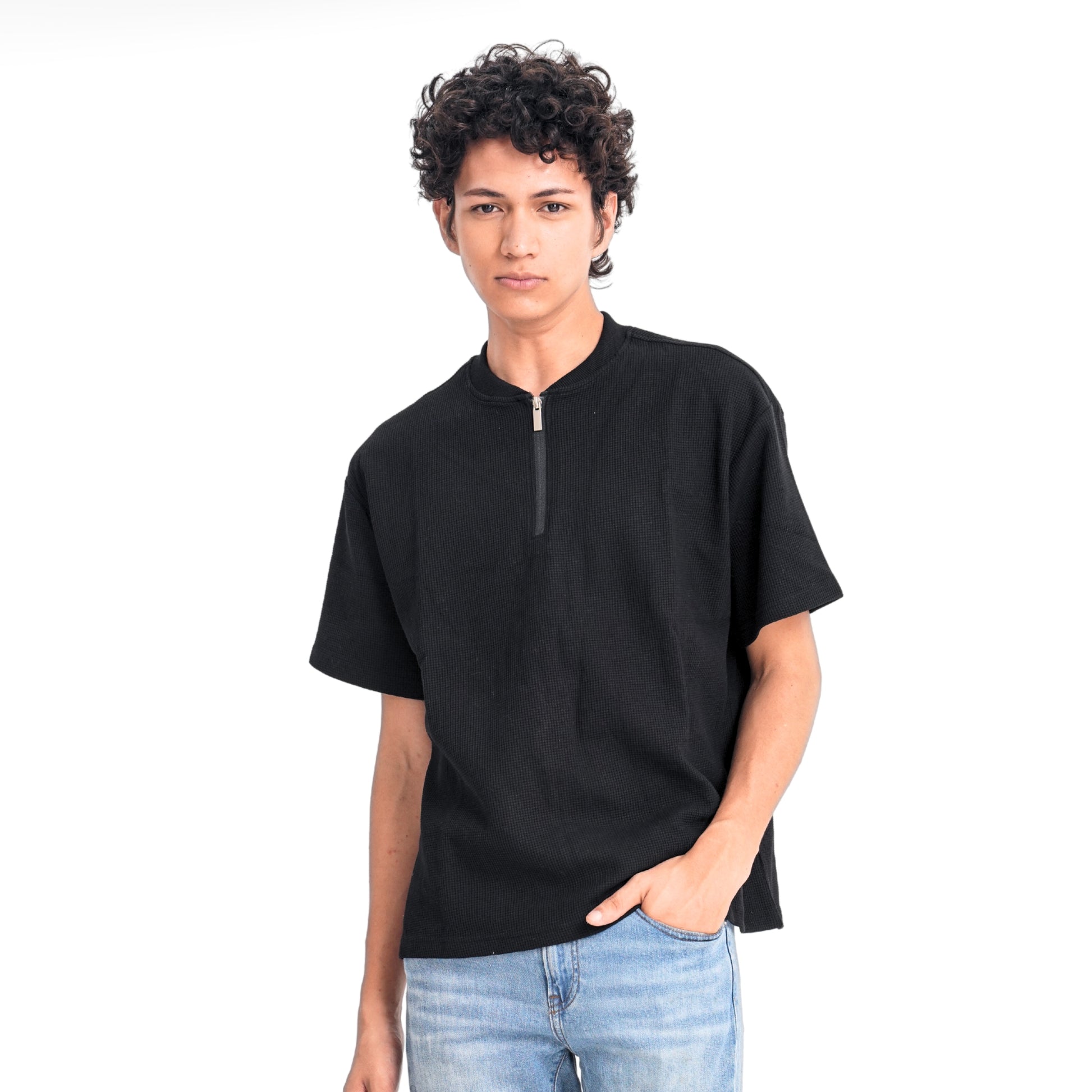 Oversized Quarter-Zip Waffle Henley Shirt