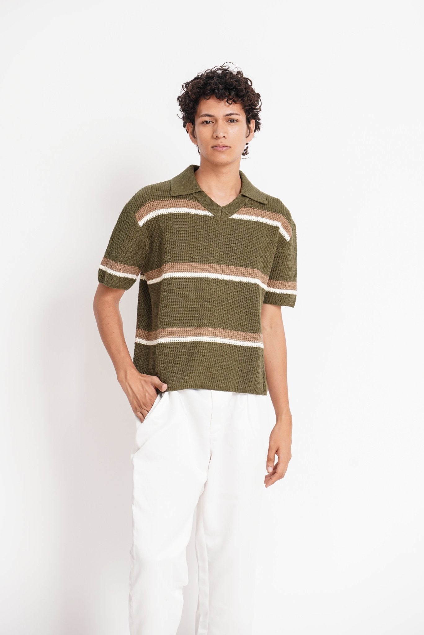 Crochet Knit Striped Polo Shirt - Gryle Apparel -