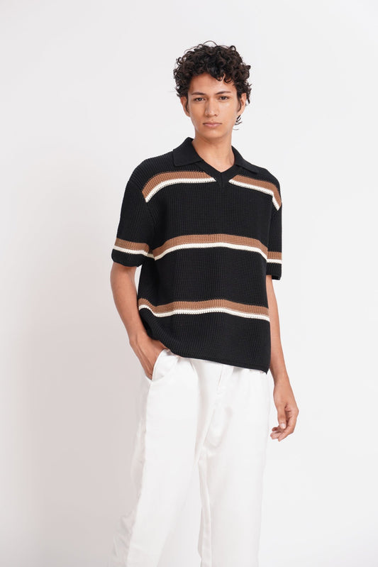 Crochet Knit Striped Polo Shirt - Gryle Apparel -