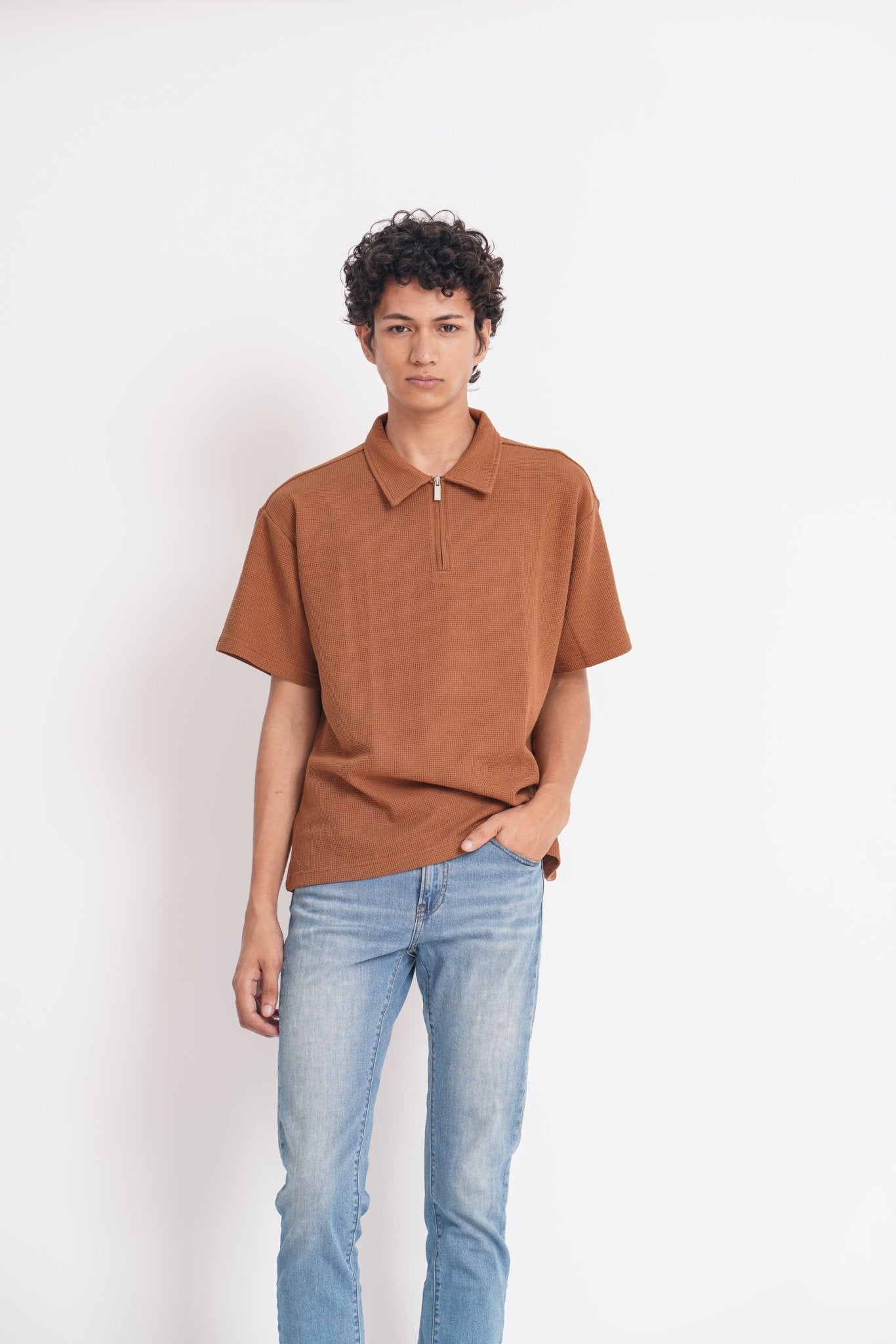 Oversized Quarter-Zip Waffle Polo Shirt - Gryle Apparel -